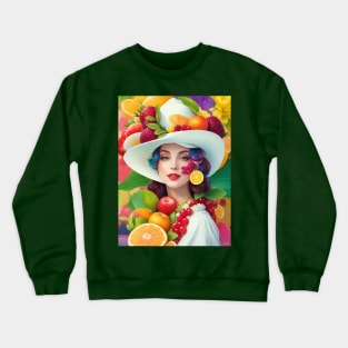 А woman with a white hat and some colorful fruity Crewneck Sweatshirt